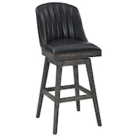 30" Bar Height Wood Swivel Barstool in American Grey Finish with Onyx Faux Leather and Nailhead Trim