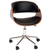 Modern Office Chair In Chrome Finish with Black Faux Leather And Walnut Veneer Back