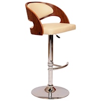 Contemporary Adjustable Swivel Bar Stool with Walnut Veneer and Cream Faux Leather