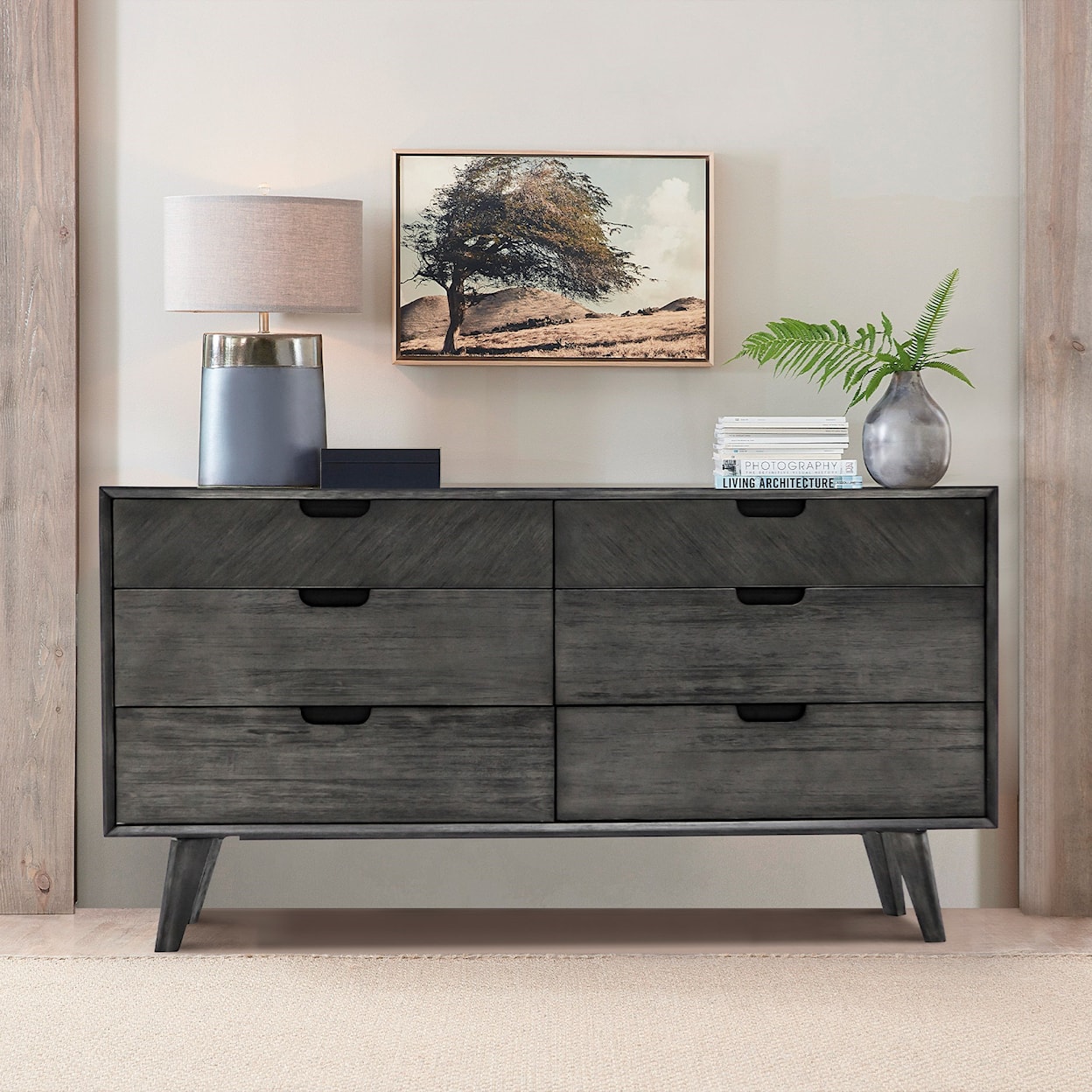 Armen Living Mohave Tundra Grey Acacia 6 Drawer Dresser