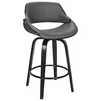 Contemporary 26" Counter Height Swivel Barstool in Black Brush Wood Finish with Grey Faux Leather