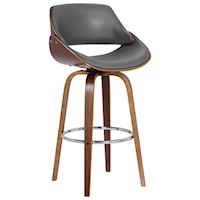Contemporary 30" Bar Height Swivel Barstool in Walnut Wood Finish with Grey Faux Leather
