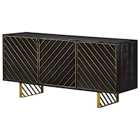 Rectangular Black Wood Sideboard with Antique Brass Accents