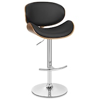 Adjustable Swivel Barstool in Chrome Finish with Black Faux Leather and Walnut Veneer Back