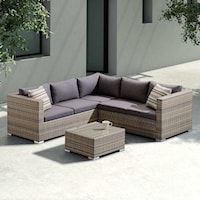 Contemporary 3-Piece Outdoor Rattan Sectional Set with Dark Brown Cushions and Modern Accent Pillows