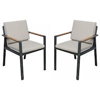 Outdoor Patio Dining Chair in Charcoal Finish with Taupe Cushions and Teak Wood Accent Arms  - Set of 2