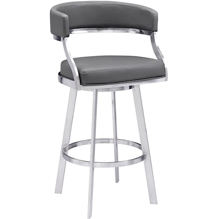 Modern 30" Bar Height Barstool in Brushed Stainless Steel Finish with Grey Faux Leather