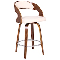 Contemporary 26" Counter Height Swivel Barstool in Walnut Wood Finish and Cream Faux Leather