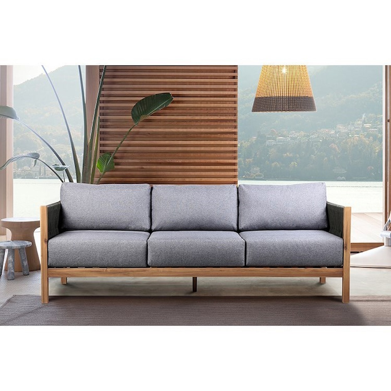 Armen Living Sienna Outdoor Patio Sofa in Acacia Wood wit