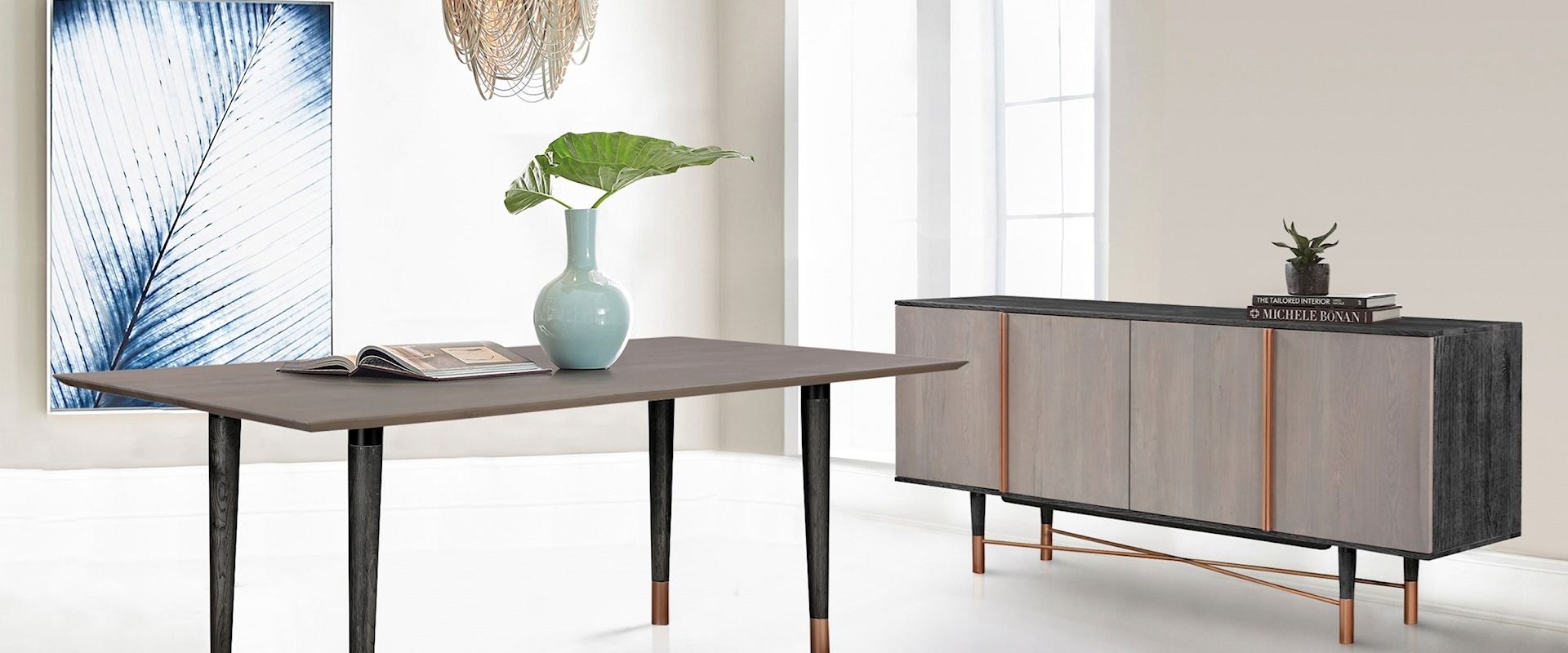 Modern 2-Piece Set with Solid Wood Dining Table and Sideboard