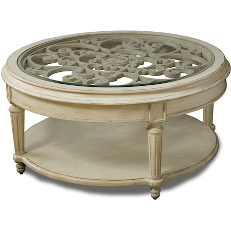 Carved Round Cocktail Table with Glass Top