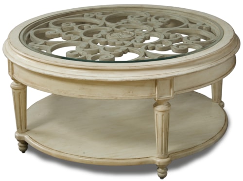 Carved Round Cocktail Table with Glass Top