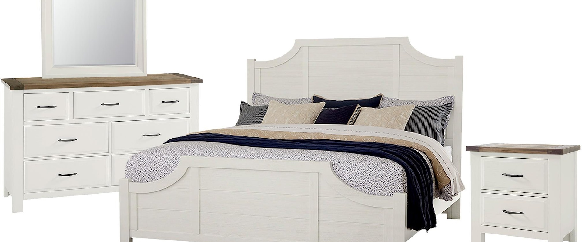 Queen Scallop Bed, 7 Drawer Dresser, Landscape Mirror, and 2 Drawer Nightstand