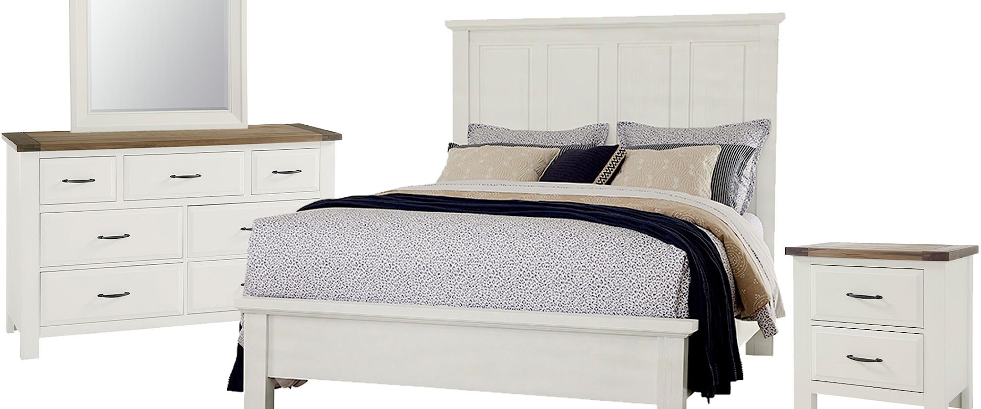 Queen  Manison Bed, 7 Drawer Dresser, Landscape Mirror, and 2 Drawer Nightstand