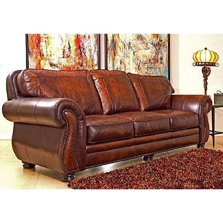 Traditional Leather Stationary Sofa with Nailhead Trim