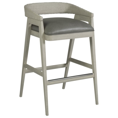 Vintage Low Back Barstool with Cane Back and Faux Leather Seat
