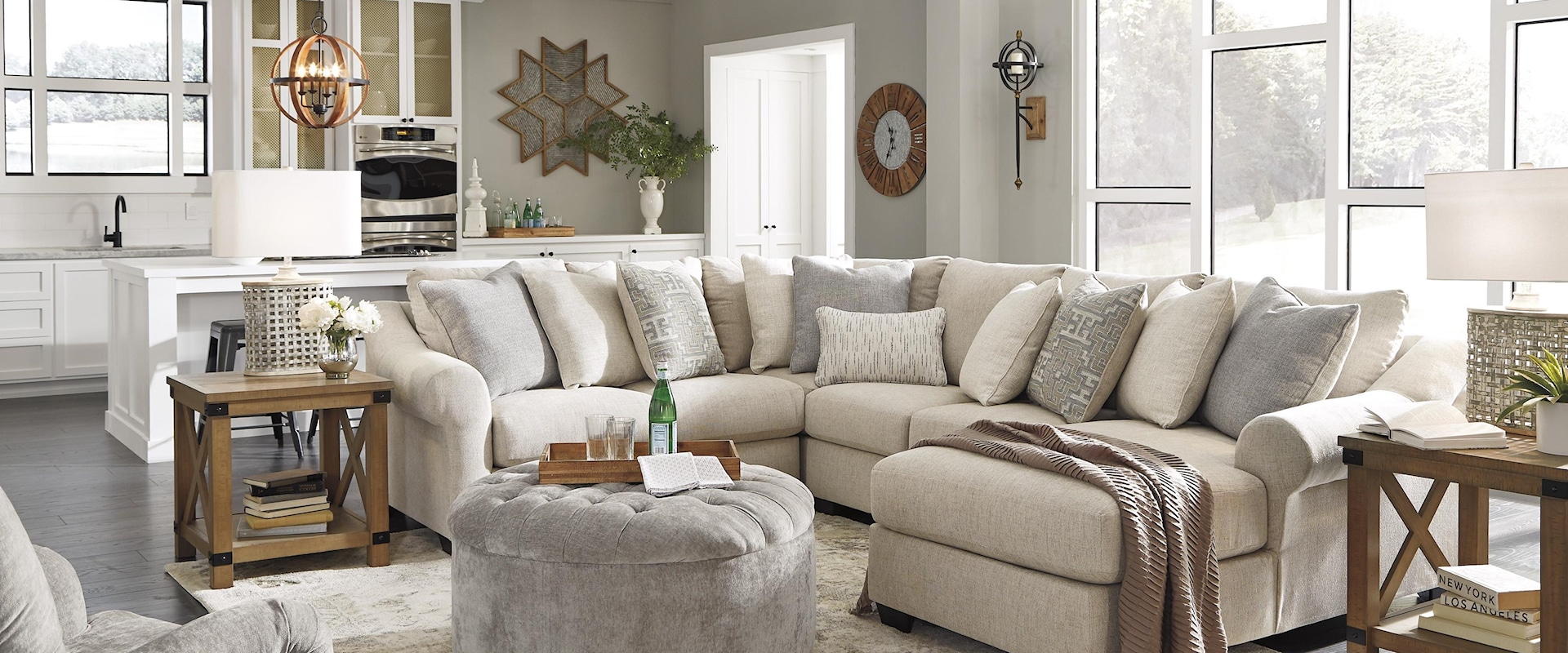 Linen 4 Piece Sectional Sofa with Chaise Set and Accent Ottoman