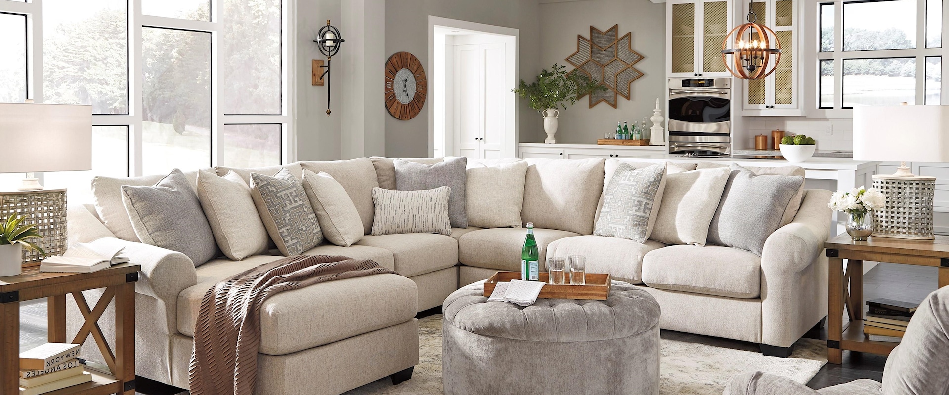 Linen 5 Piece Sectional Sofa Chaise Set with Accent Ottoman