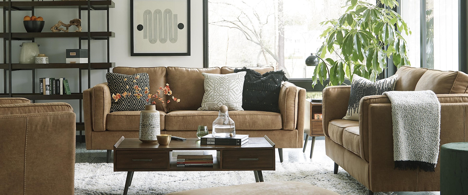 Faux Leather Caramel Sofa, Chair and Ottoman Set