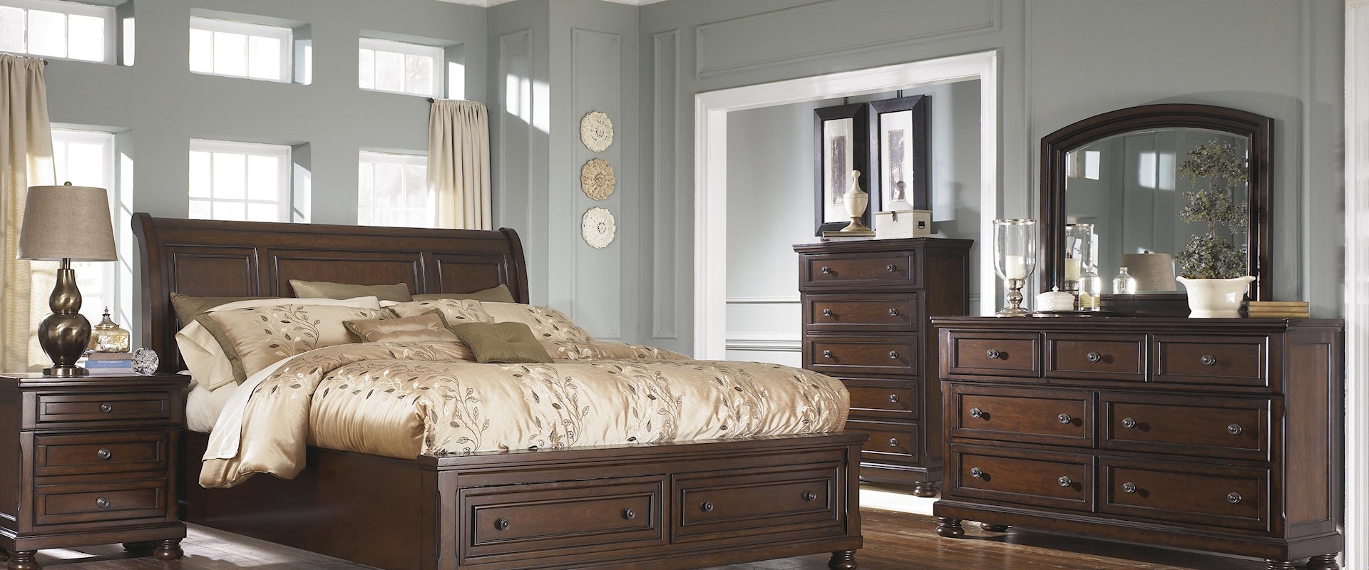 Queen Sleigh Bed with Storage, Dresser, Mirror, 2 Nightstands and Chest Package