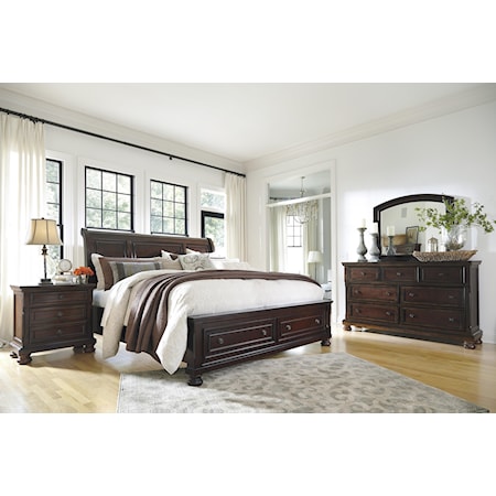 King Sleigh Bed with Storage, Dresser, Mirror and Nightstand Package