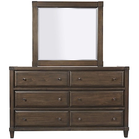 Transitional 6-Drawer Dresser and Mirror Combination with Felt-Lined Top Drawers