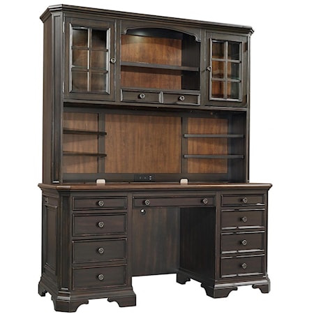 Transitional 8-Drawer Credenza Desk and Hutch with Adjustable/Removable Shelving and AC/USB Ports