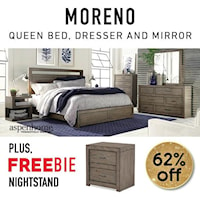 Queen Bedroom Set includes Queen Bed, Dresser, Mirror, and Freebie Nightstand! More options available in Showroom!