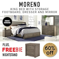 King Bedroom Set includes King Storage Bed, Dresser, Mirror, and Freebie Nightstand