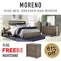 Bedroom Set includes King Bed, Dresser, Mirror, and Freebie Nightstand