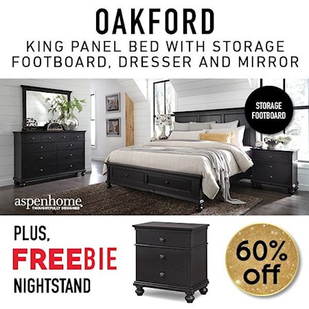 Bedroom Set includes King Storage Panel Bed, Dresser, Mirror, and Freebie Nightstand