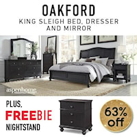 Bedroom Set includes King Sleigh Bed, Dresser, Mirror, and Freebie Nightstand