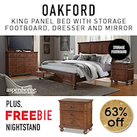 King Bedroom Set includes King Storage Panel Bed, Dresser, Mirror, and Freebie Nightstand