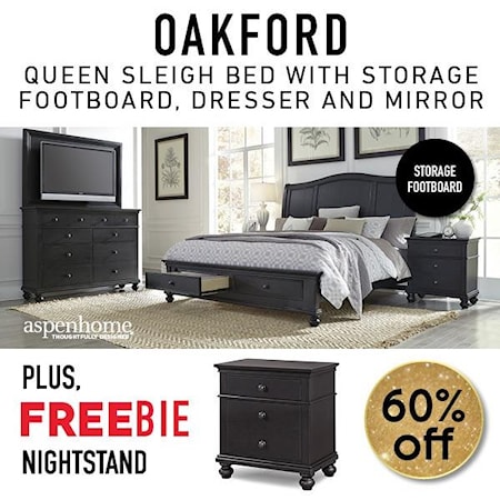 Bedroom Set includes Queen Sleigh Storage Bed, Dresser, Mirror, and Freebie Nightstand! More options available in Showroom!