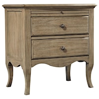 Casual 2-Drawer Nightstand with Felt-Lined Top Drawer, Pull-Out Top Shelf, and AC/USB Outlets