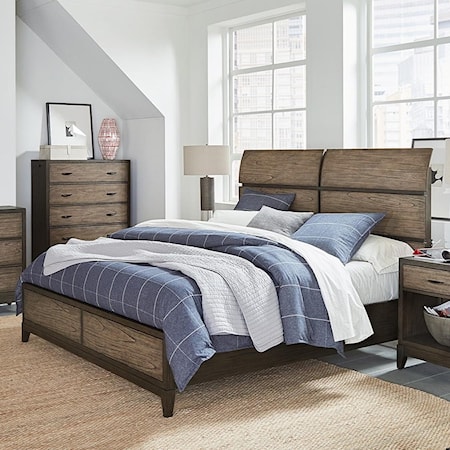 Transitional Queen Sleigh Bed with Paneled Headboard and USB Ports