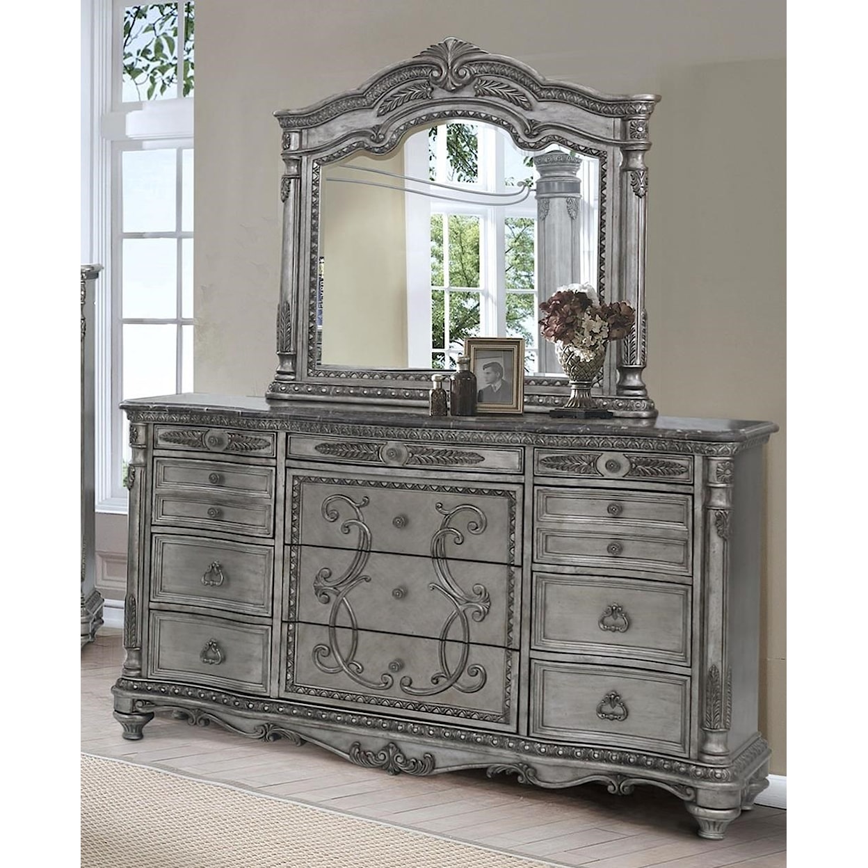 Avalon Furniture Antique Platinum Dresser and Mirror Set