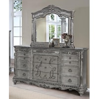 Traditional Dresser and Mirror Set with Stone Top and Sliding Jewelry Tray