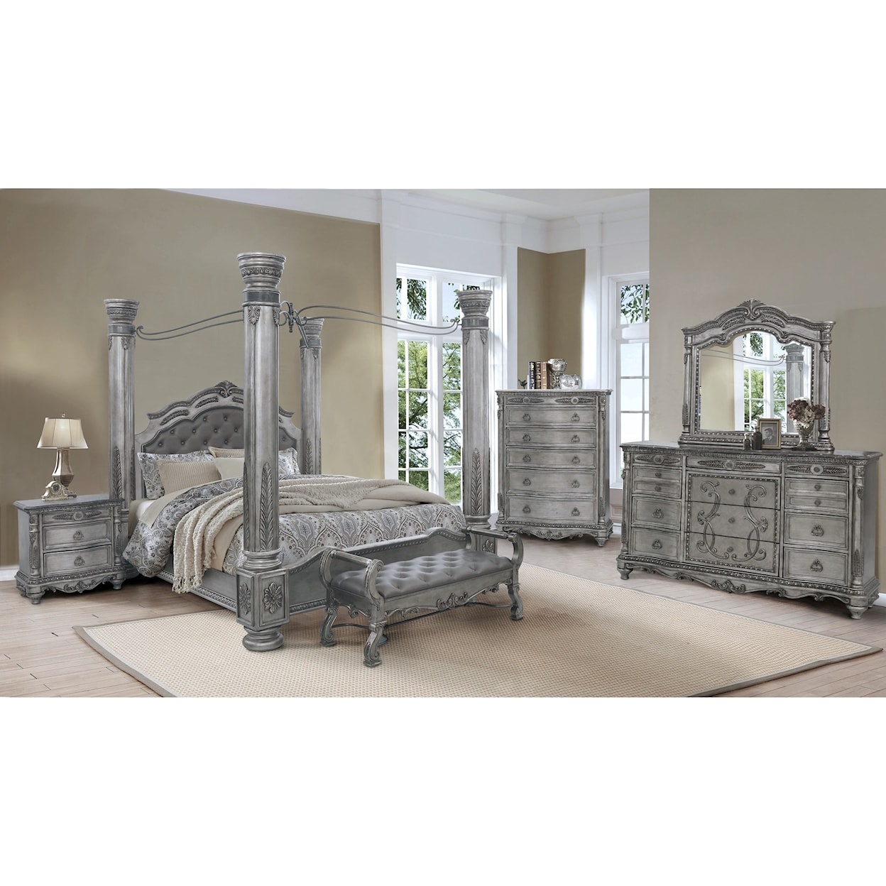 Avalon Furniture Antique Platinum Dresser and Mirror Set