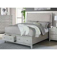 Transitional King Upholstered Sleigh Bed with Footboard Storage Drawers