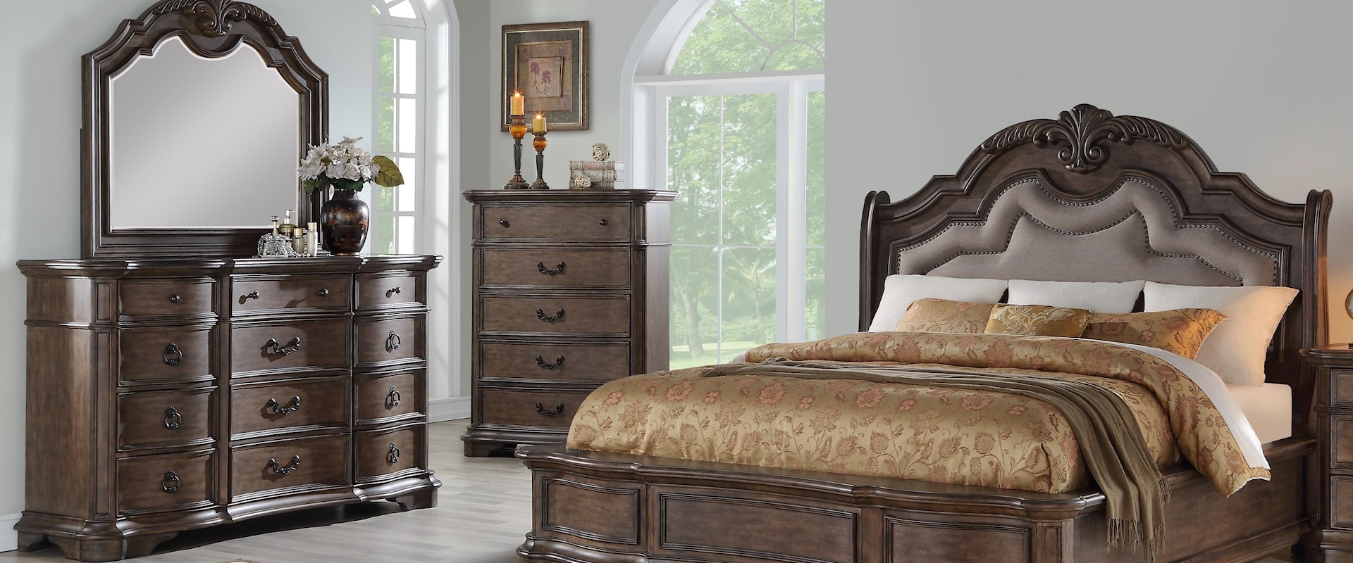 Queen 5-PC Bedroom Group Including Dresser, Mirror and Complete Queen Bed, Headboard, Footboard and Rails