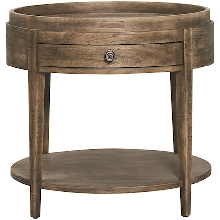 Transitional Round End Table with Removable Tray and Drawer