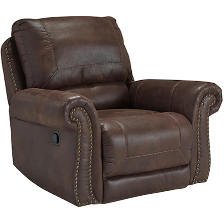 Faux Leather Rocker Recliner with Rolled Arms and Nailhead Trim