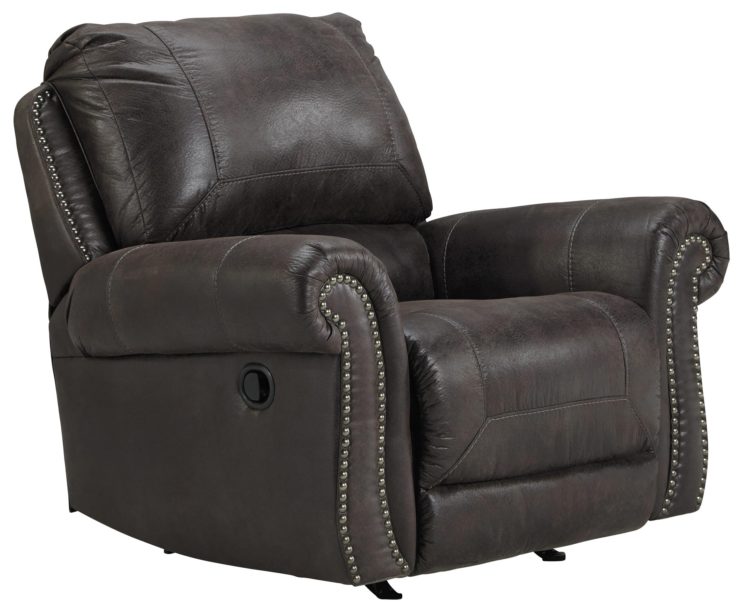 Faux Leather Rocker Recliner with Rolled Arms and Nailhead Trim