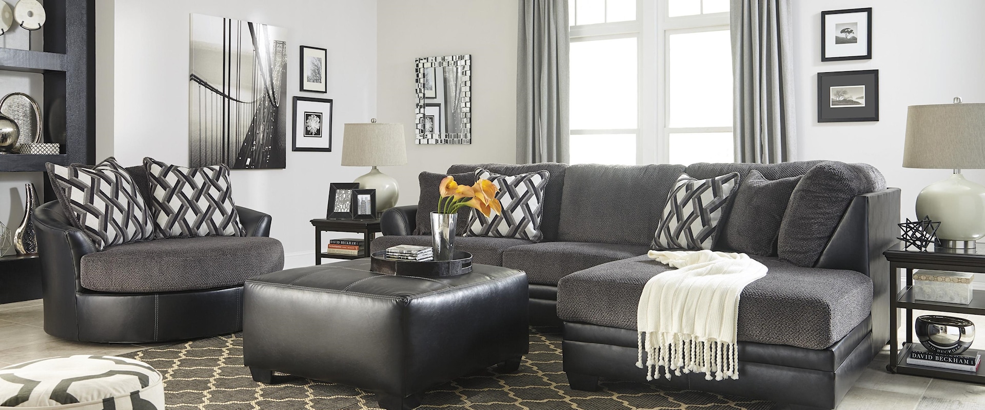2 Piece Chaise Sectional Sofa and Swivel Accent Chair Set