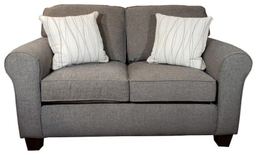 Customizable Transitional Loveseat with Rolled arms and Tapered Block Legs