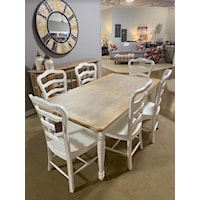 Farmhouse 6 Foot Dining Table with 6 Magnolia Side Chairs Finished in White Harvest and Driftwood