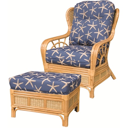 Wicker Rattan Framed Upholstered Chair and Ottoman