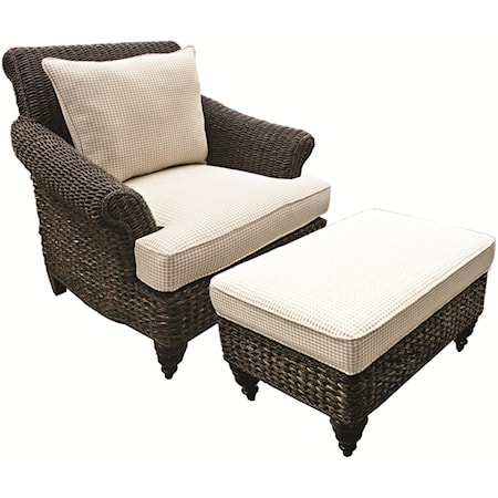 Wicker Chair and Ottoman Set With Upholstered Cushions
