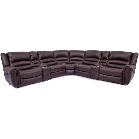 Casual 6-Piece Power Reclining Sectional with Nailhead Trim and Cupholders